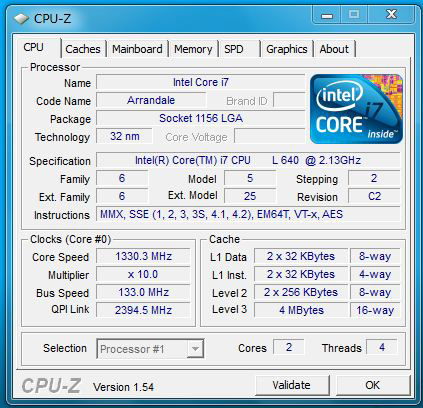 CPU-Z　X201 tabletのCPU情報