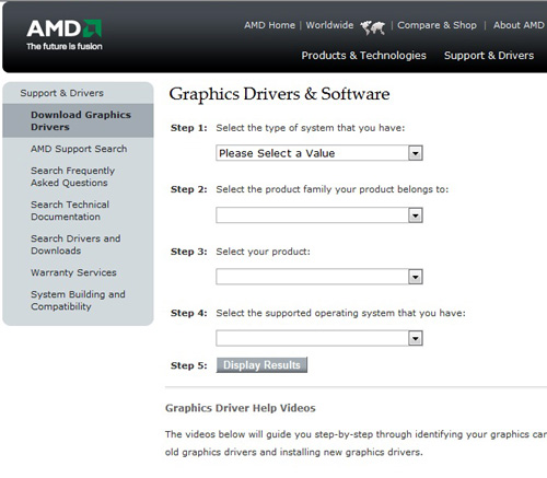 AMDのディスプレイドライバーダウンロードページ